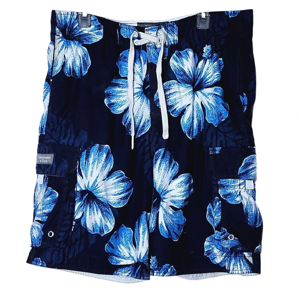Abercrombie & Fitch Mens‎ Blue Hibiscus Floral Board Shorts Navy Size Large L